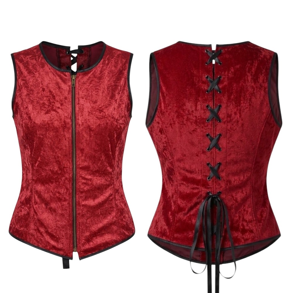 Red Crushed Velvet 90s Corset Vest Lace up Back Boned S/M Vamp Witchy Pirate VTG